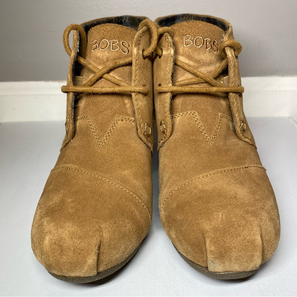 BOBS by Skechers Memory Foam Ankle Boots Women’s 7 Tan Lace Up Wedge Heel Bootie - Picture 5 of 15